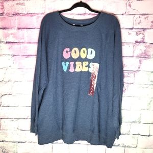 WILDFOX STATEMENT SWEATSHIRT FUZZY GOOD VIBES HEATHERED NAVY BLUE XL NWT